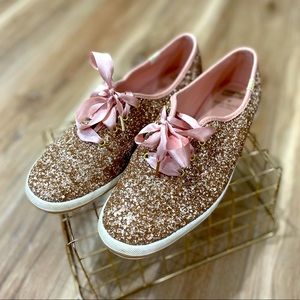 Rose Gold Pink Gold Trim Glitter Kate Spade X Keds Lace-Up Shoe | Size 9 | Silk